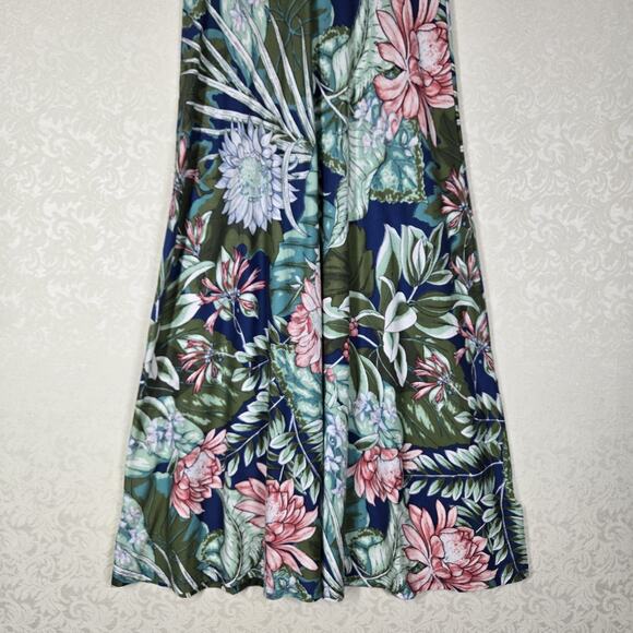 Chaps Maxi Dress sz M Green Blue Multi Floral 100% Cotton Knit V Neck Tropical - Picture 4 of 12